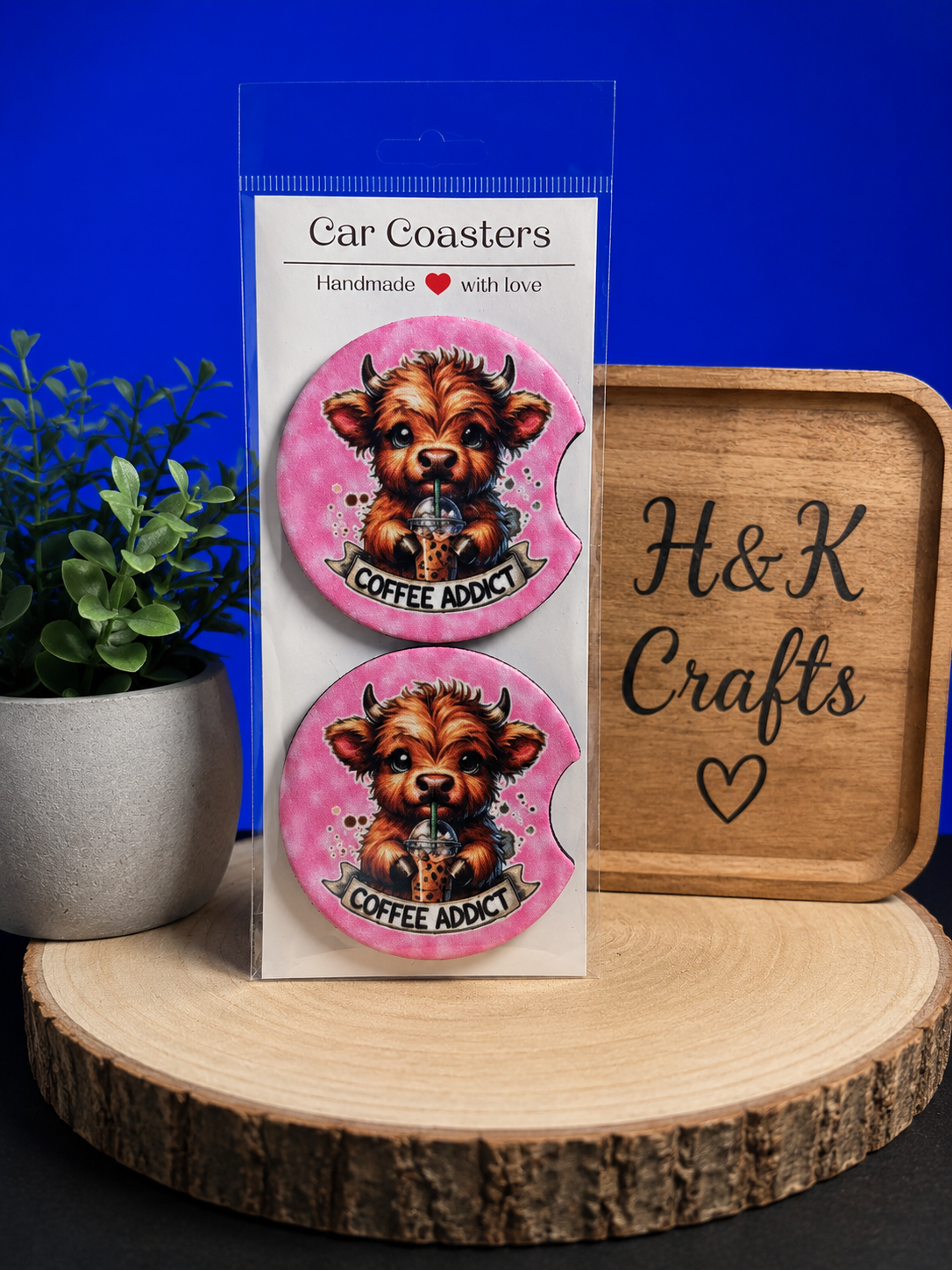 Highland Cow "Coffee Addict" Car Coasters (Set of 2)