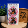 Funny Highland Cow Car Coasters – "I'm Not a Hot Mess, I'm a Spicy Disaster" | Set of 2