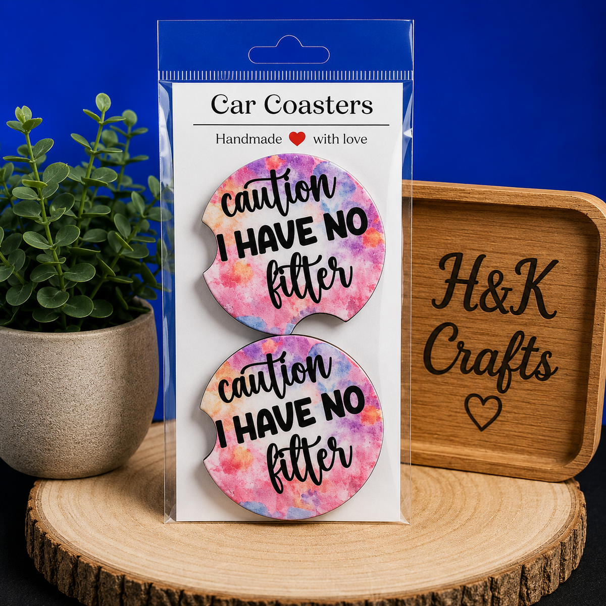 Funny "Caution I Have No Filter" Car Coasters Set of 2
