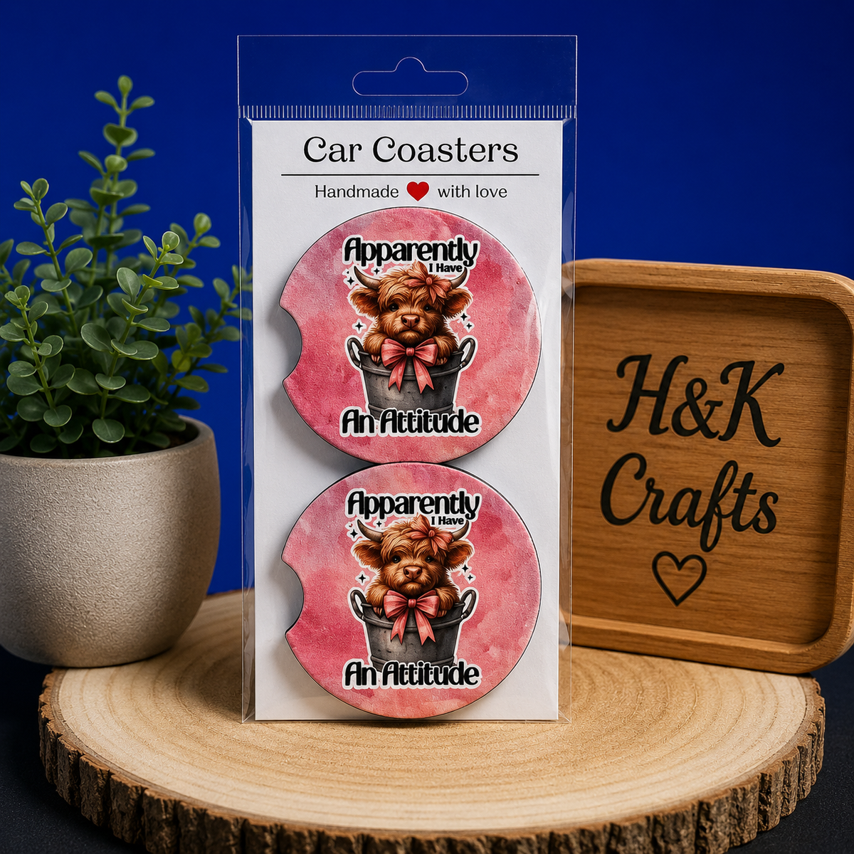 Funny "Apparently I Have an Attitude" Highland Cow Car Coasters Set of 2