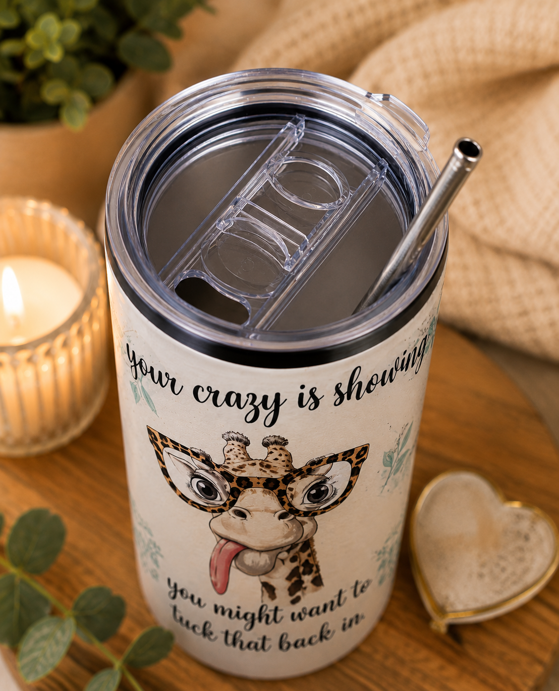 Funny Giraffe 20oz Skinny Tumbler “Your Crazy Is Showing” Travel Mug